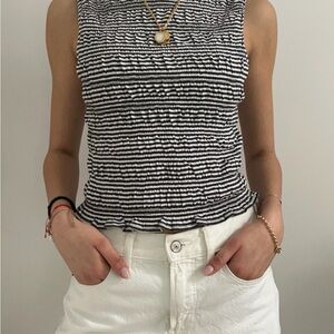 Madewell Green & White Striped Smocked Boatneck Tank
